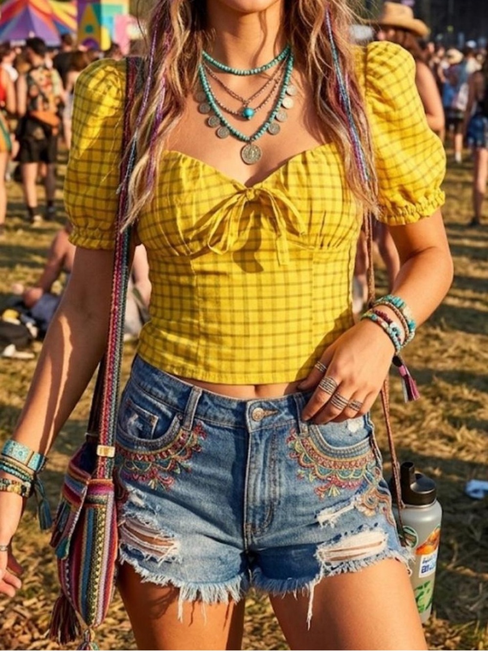Peach brand Yellow Plaid Puff-Sleeve Tie-Front Crop Top